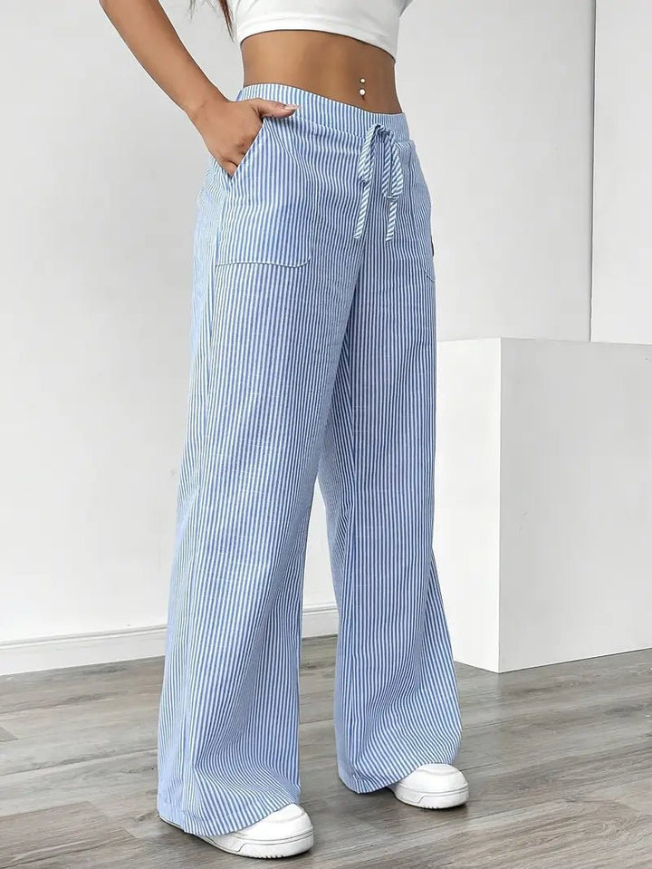 Amelia | Linen Wide-Leg Striped Trousers Drawstring Waist Pockets
