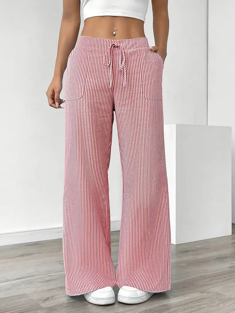Amelia | Linen Wide-Leg Striped Trousers Drawstring Waist Pockets