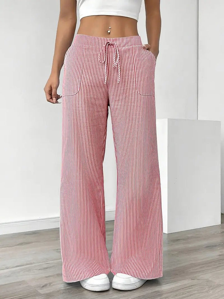 Amelia | Linen Wide-Leg Striped Trousers Drawstring Waist Pockets