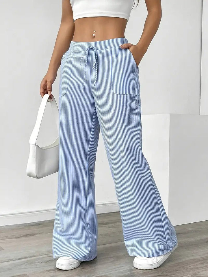 Amelia | Linen Wide-Leg Striped Trousers Drawstring Waist Pockets