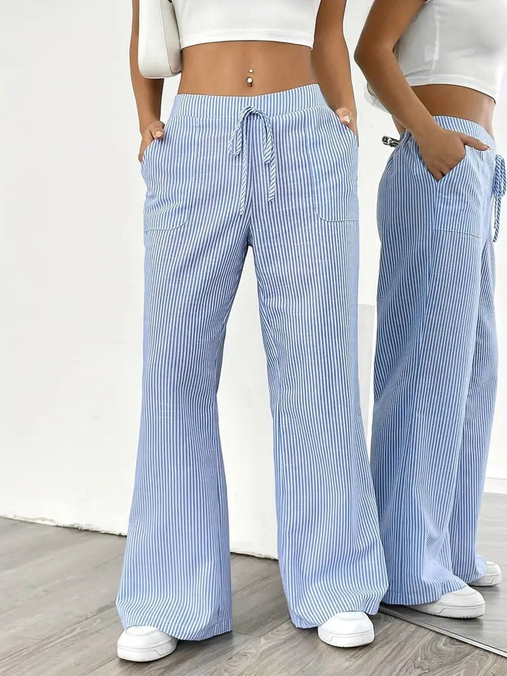 Amelia | Linen Wide-Leg Striped Trousers Drawstring Waist Pockets