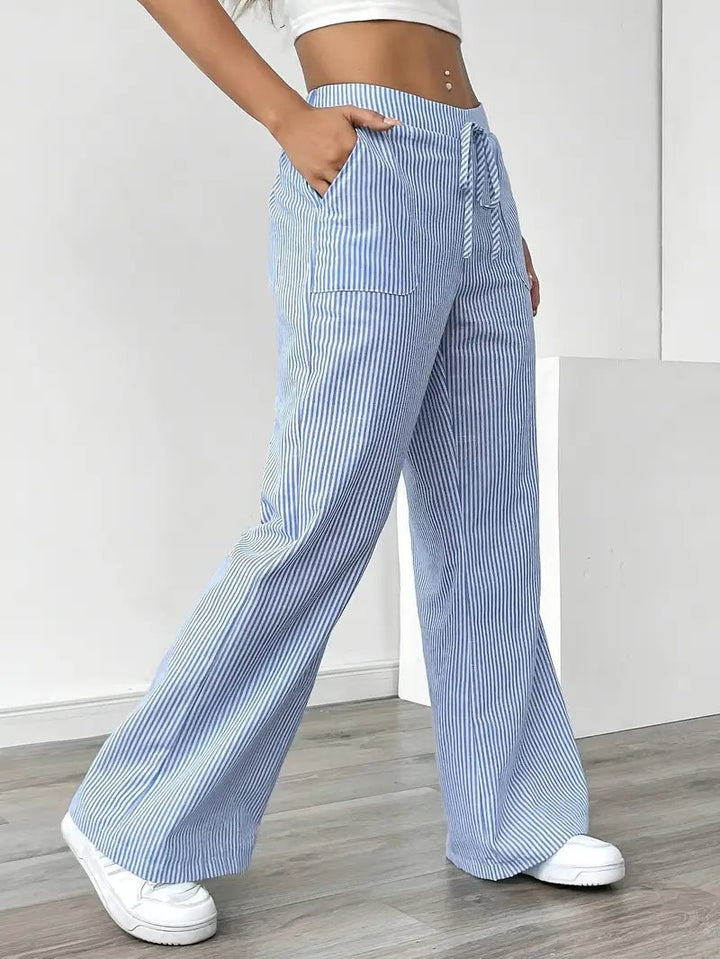 Amelia | Linen Wide-Leg Striped Trousers Drawstring Waist Pockets