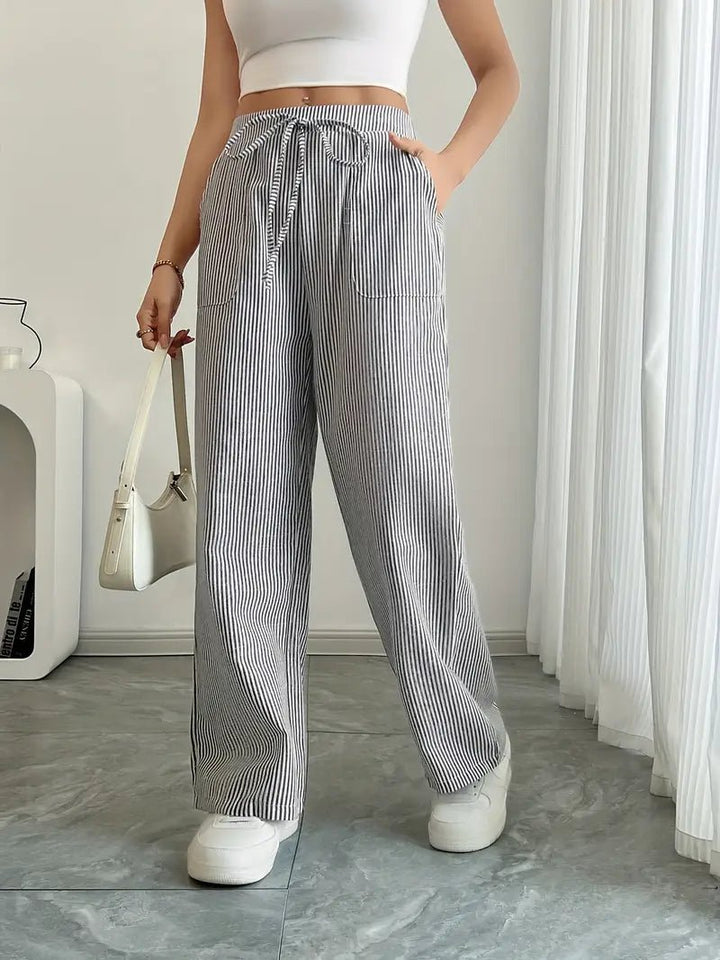 Amelia | Linen Wide-Leg Striped Trousers Drawstring Waist Pockets