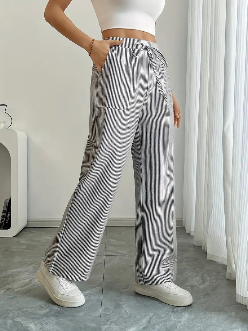 Amelia | Linen Wide-Leg Striped Trousers Drawstring Waist Pockets