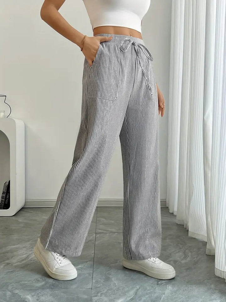 Amelia | Linen Wide-Leg Striped Trousers Drawstring Waist Pockets