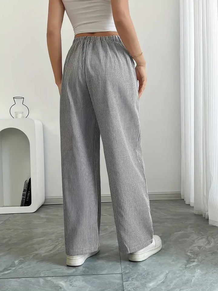Amelia | Linen Wide-Leg Striped Trousers Drawstring Waist Pockets