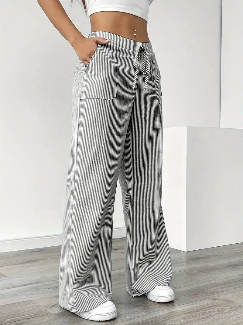 Amelia | Linen Wide-Leg Striped Trousers Drawstring Waist Pockets