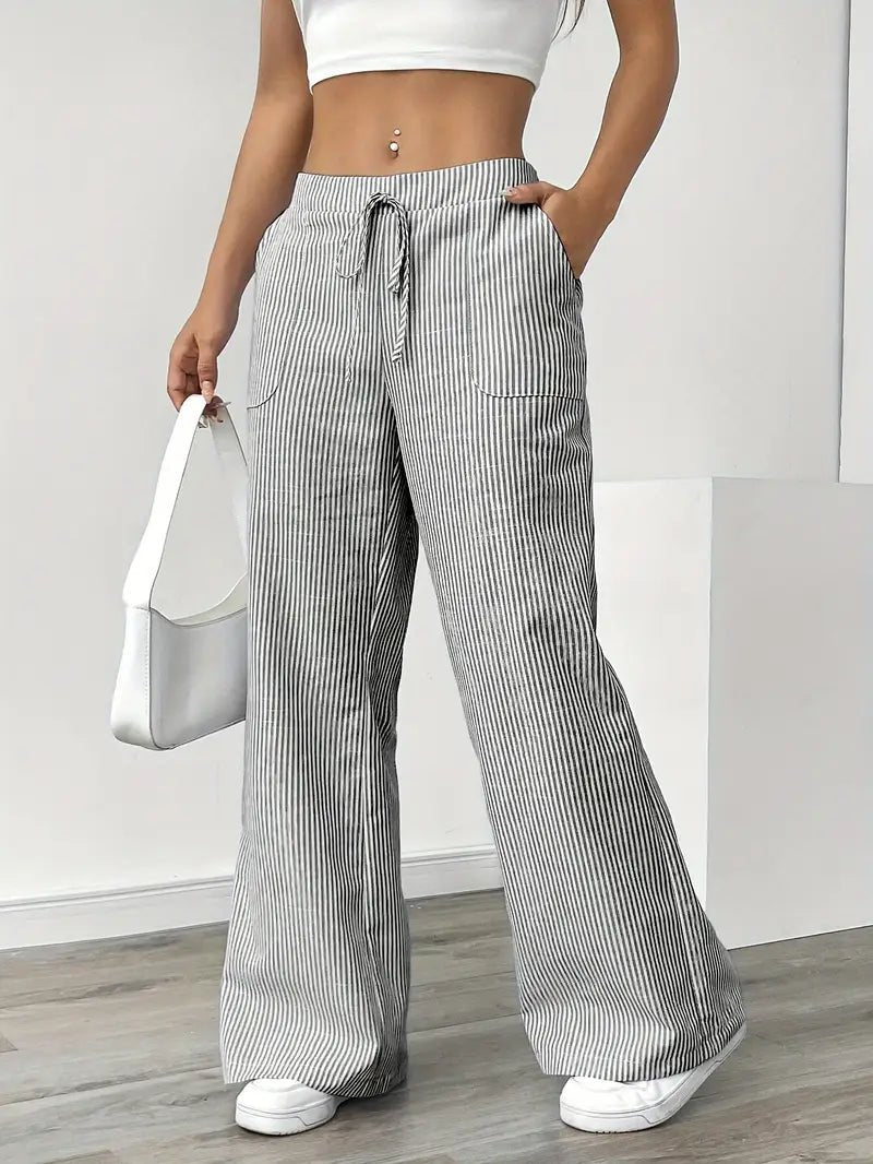 Amelia | Linen Wide-Leg Striped Trousers Drawstring Waist Pockets