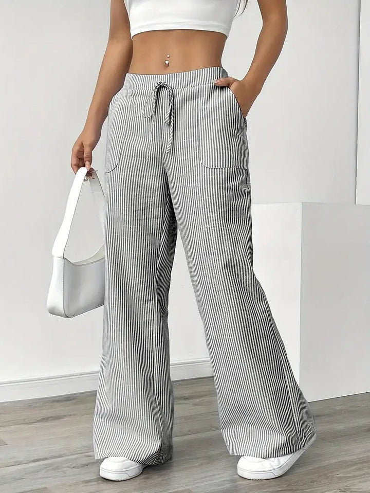 Amelia | Linen Wide-Leg Striped Trousers Drawstring Waist Pockets