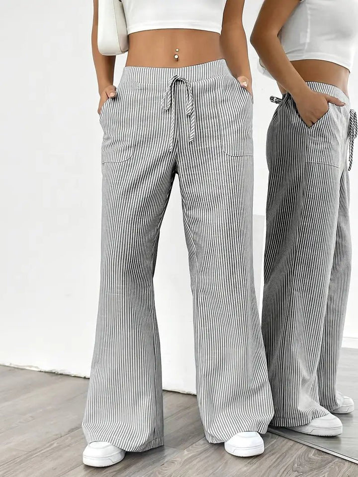 Amelia | Linen Wide-Leg Striped Trousers Drawstring Waist Pockets