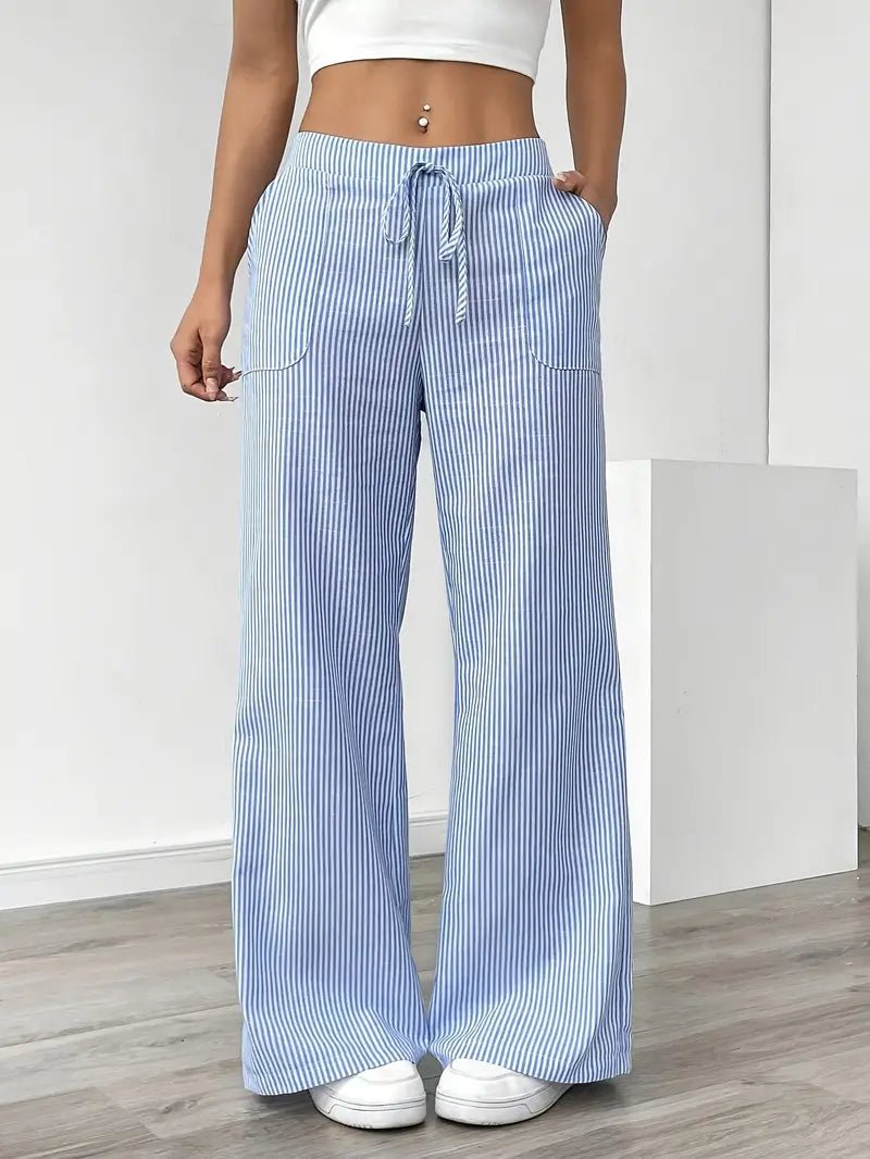 Amelia | Linen Wide-Leg Striped Trousers Drawstring Waist Pockets