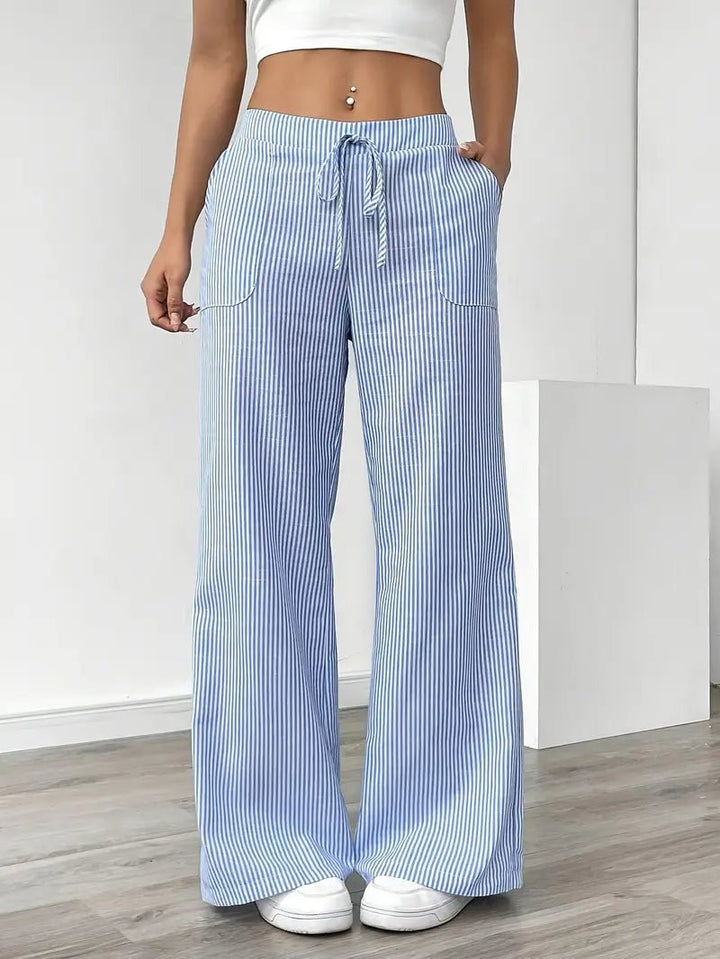Amelia | Linen Wide-Leg Striped Trousers Drawstring Waist Pockets