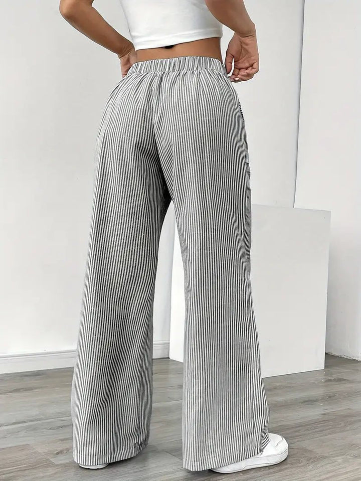 Amelia | Linen Wide-Leg Striped Trousers Drawstring Waist Pockets