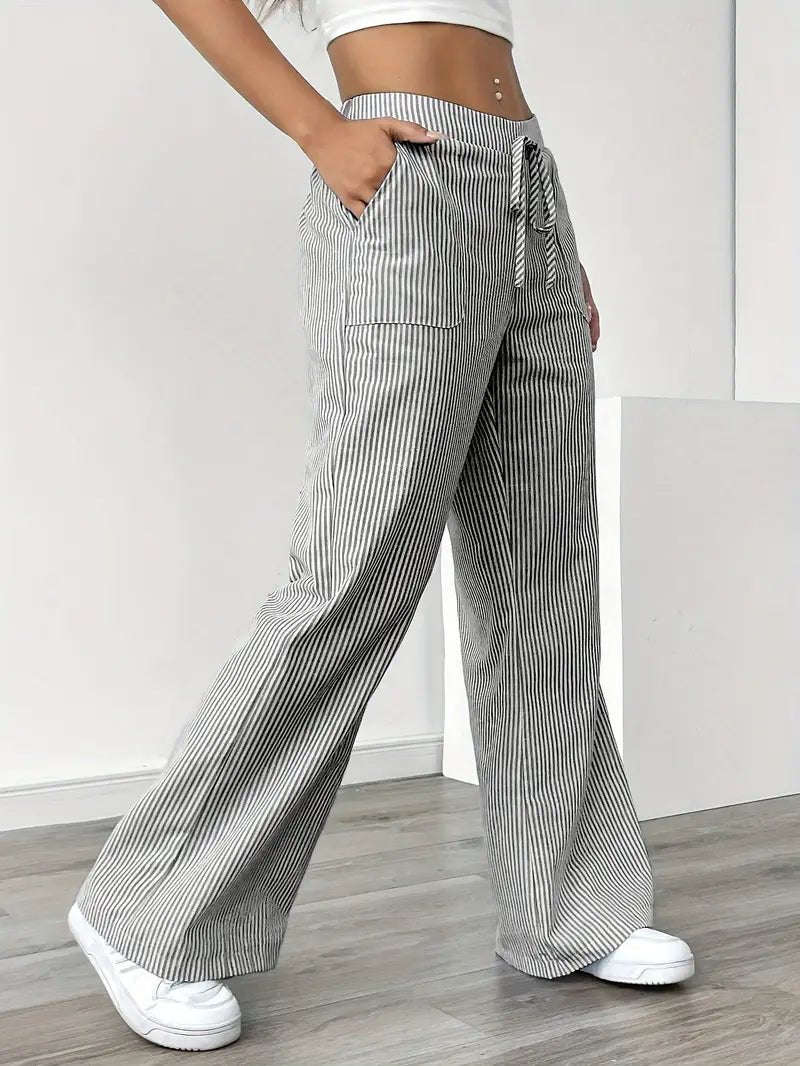 Amelia | Linen Wide-Leg Striped Trousers Drawstring Waist Pockets