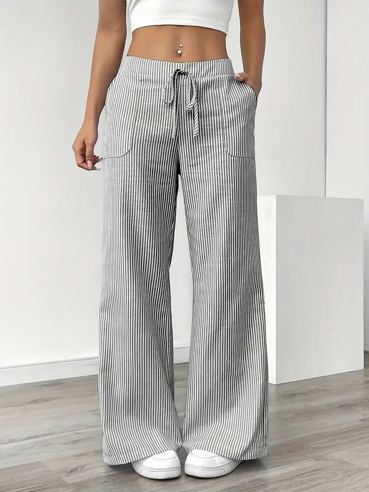 Amelia | Linen Wide-Leg Striped Trousers Drawstring Waist Pockets