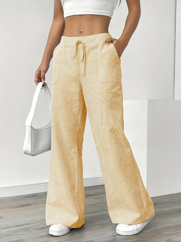 Amelia | Linen Wide-Leg Striped Trousers Drawstring Waist Pockets