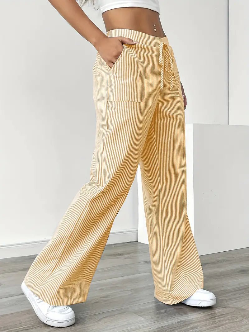 Amelia | Linen Wide-Leg Striped Trousers Drawstring Waist Pockets