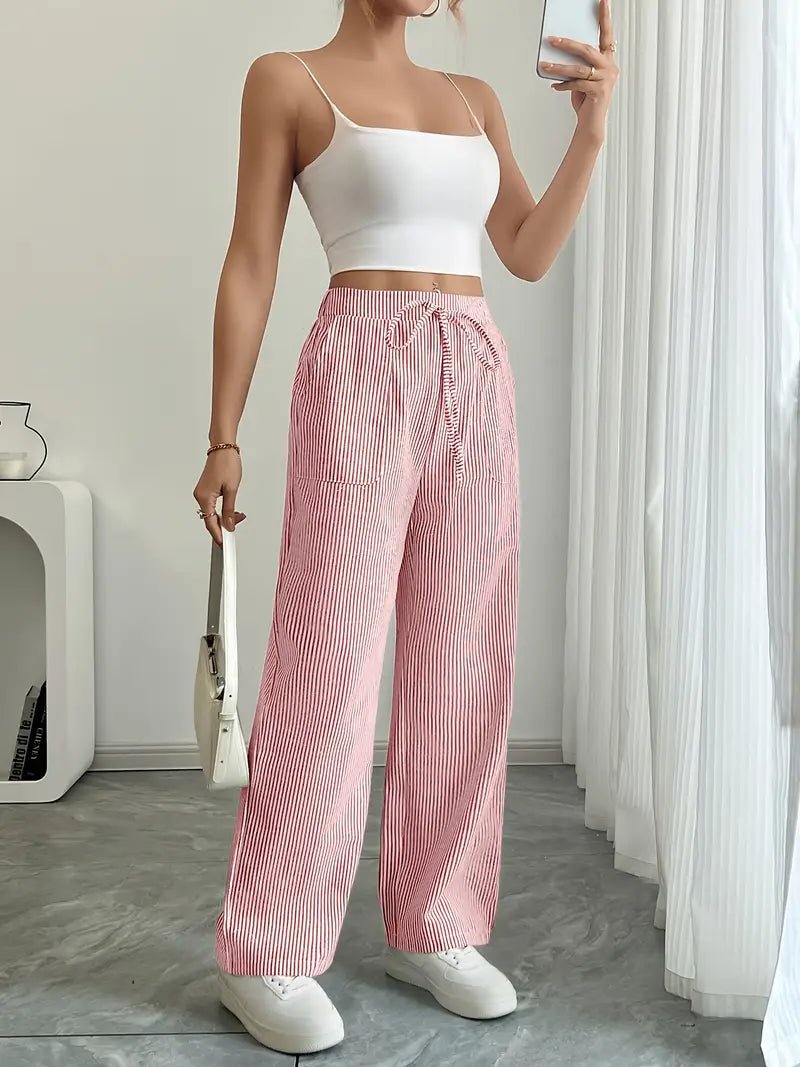 Amelia | Linen Wide-Leg Striped Trousers Drawstring Waist Pockets
