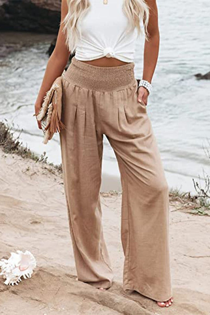 Amelia | Linen Wide Leg Trousers High Waisted Smocked Waist