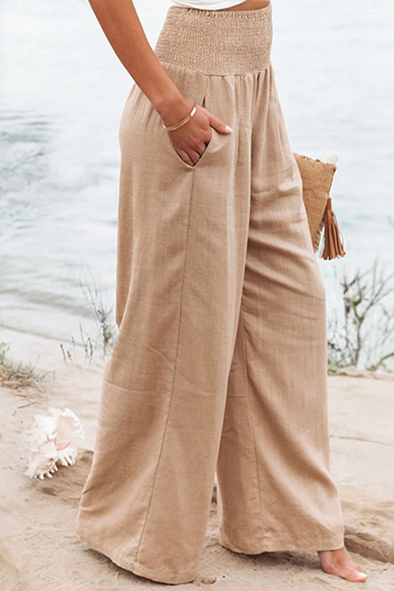 Amelia | Linen Wide Leg Trousers High Waisted Smocked Waist