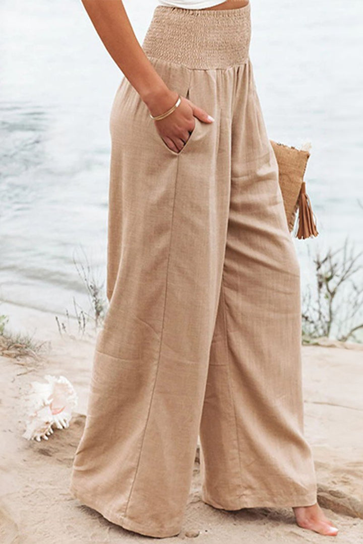 Amelia | Linen Wide Leg Trousers High Waisted Smocked Waist