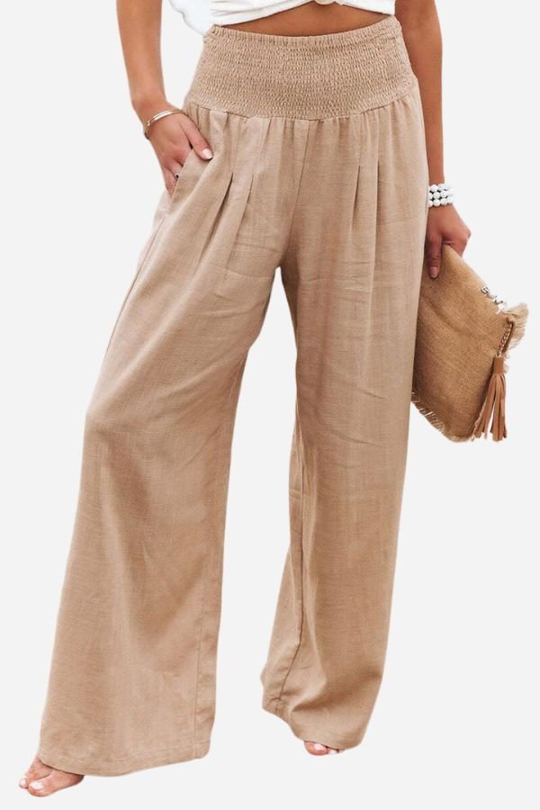 Amelia | Linen Wide Leg Trousers High Waisted Smocked Waist