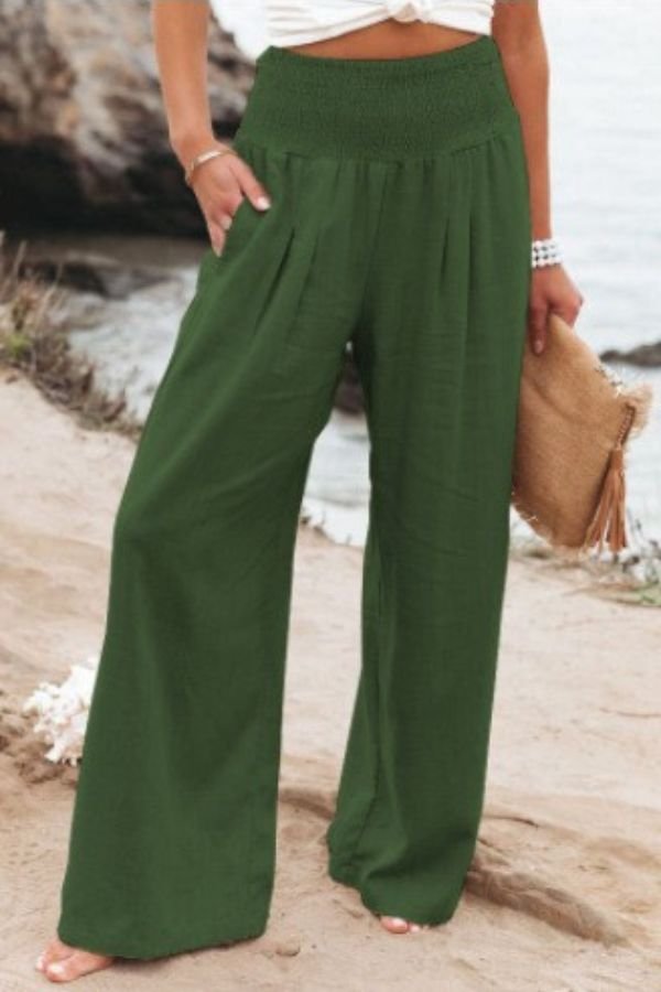 Amelia | Linen Wide Leg Trousers High Waisted Smocked Waist