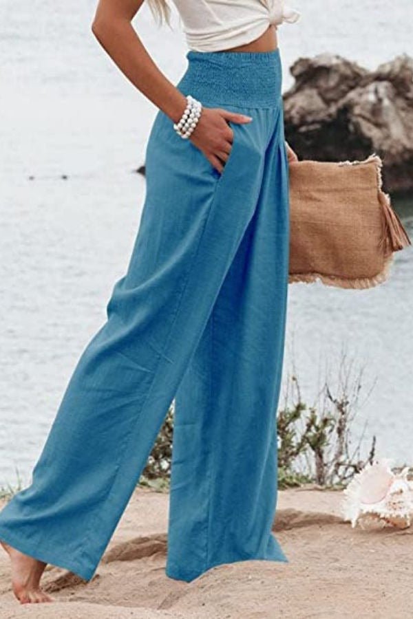 Amelia | Linen Wide Leg Trousers High Waisted Smocked Waist