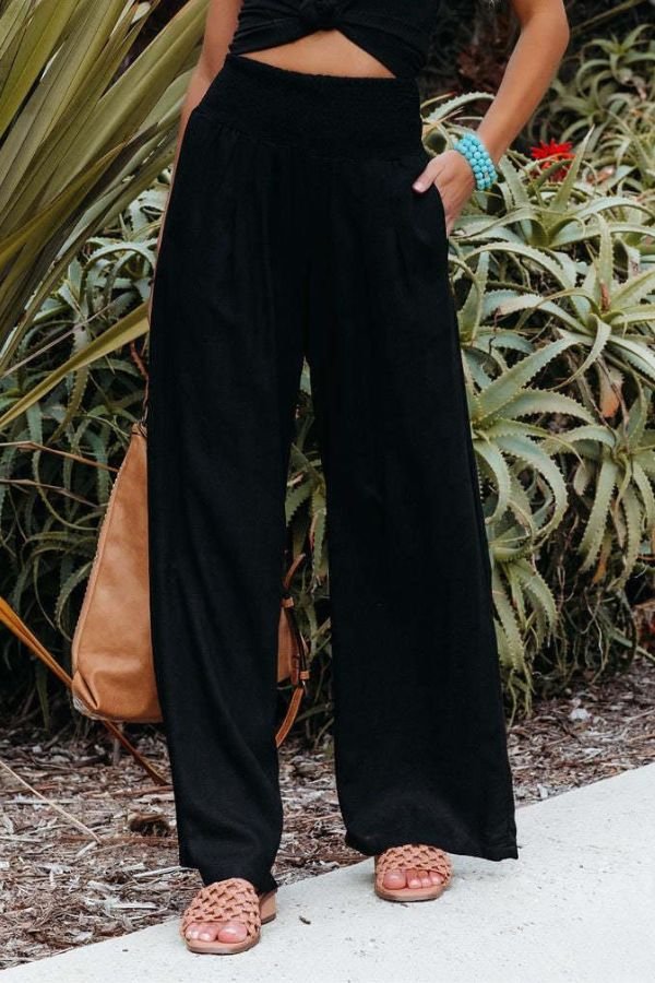 Amelia | Linen Wide Leg Trousers High Waisted Smocked Waist