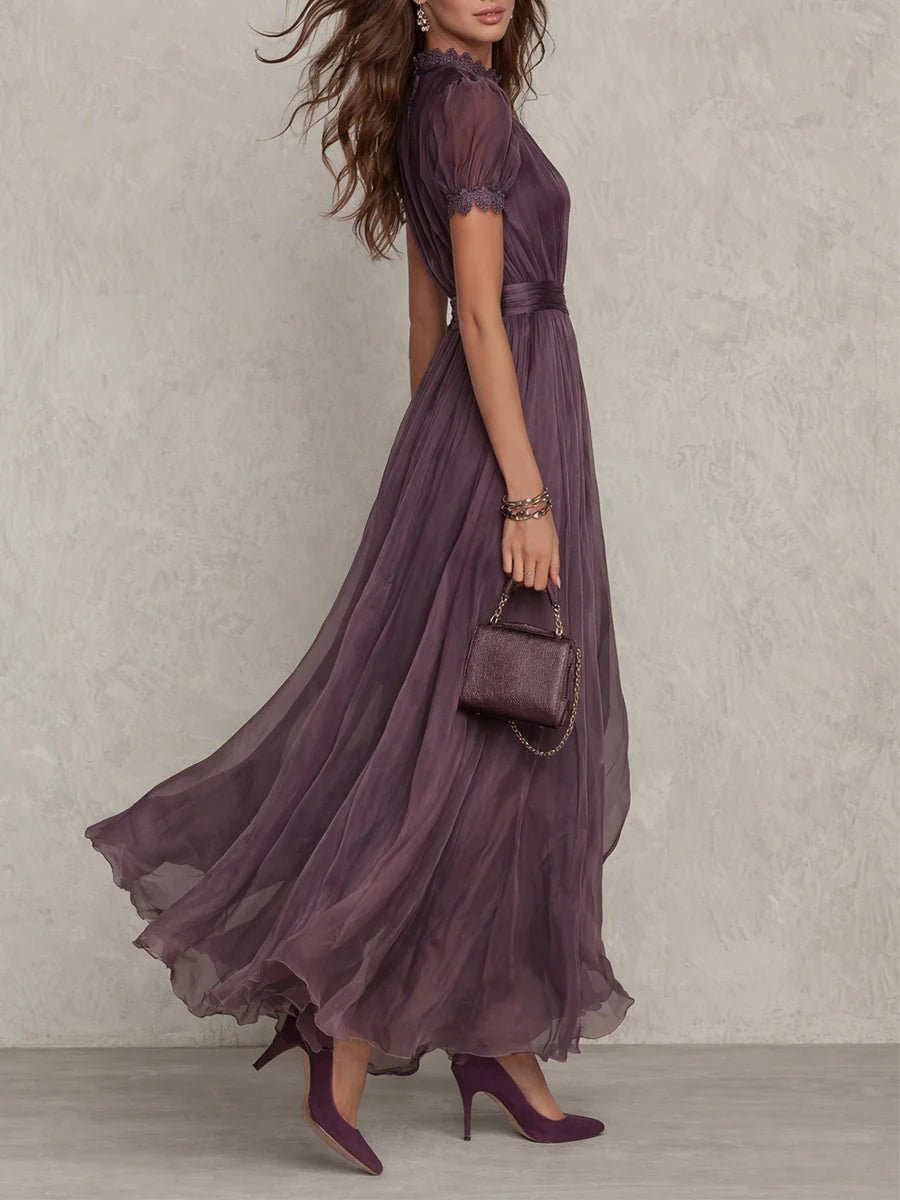 Ava | Maxi Dress Keyhole Neckline Short Puff Sleeves Flowing