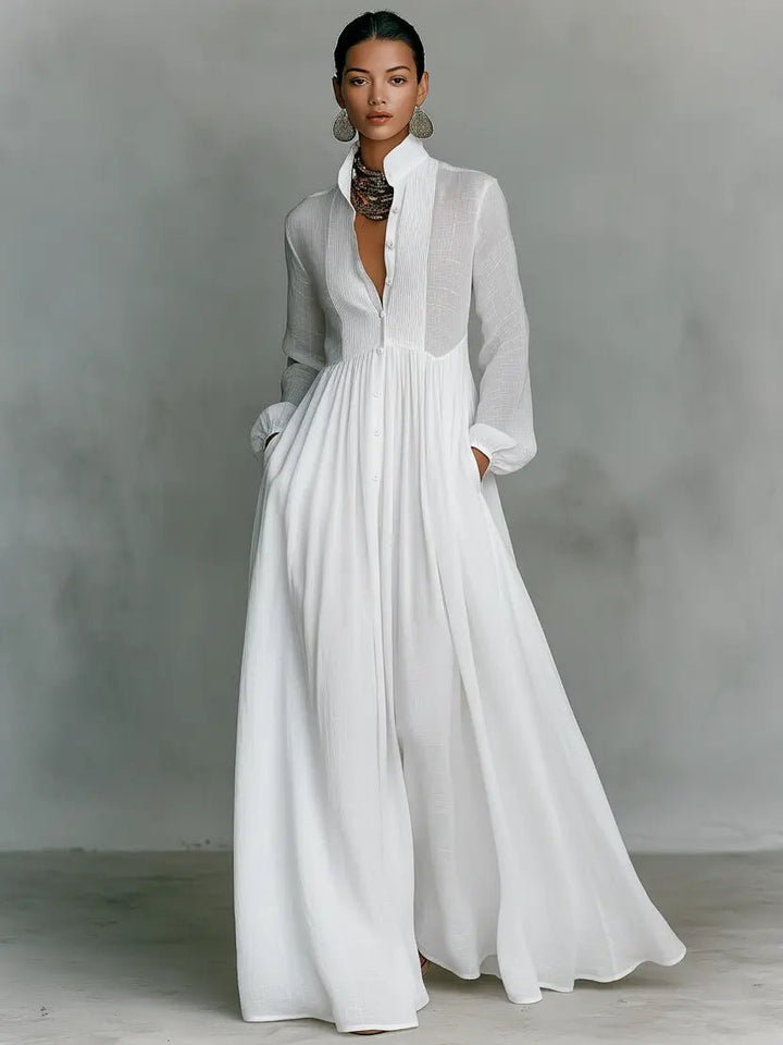 Aria | Maxi Dress Stand-Up Collar Cotton Linen Blend