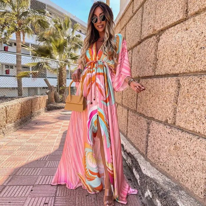 Aria | Maxi Dress V-Neck Abstract Print Kimono Sleeve