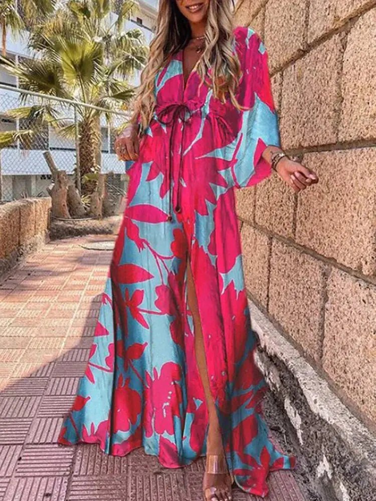 Aria | Maxi Dress V-Neck Abstract Print Kimono Sleeve