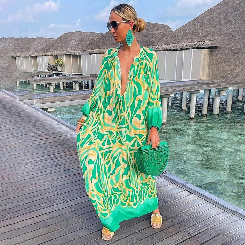 Lily | Maxi Kaftan Dress Abstract Print Flowing Beach Cover