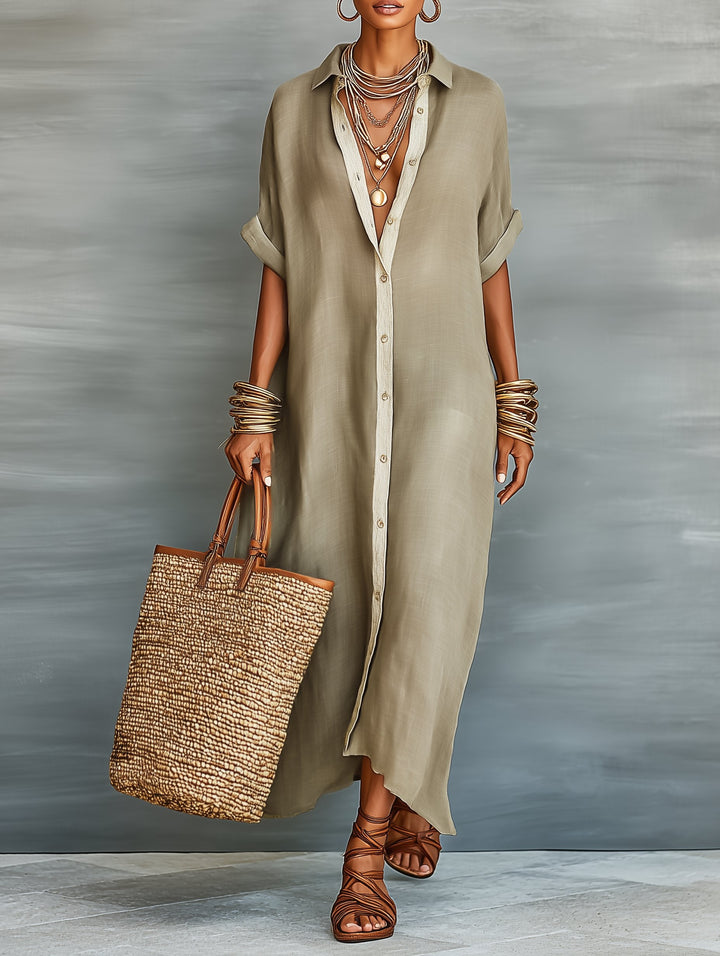 Sophie | Maxi Shirt Dress Linen Blend Short Sleeve Minimalist