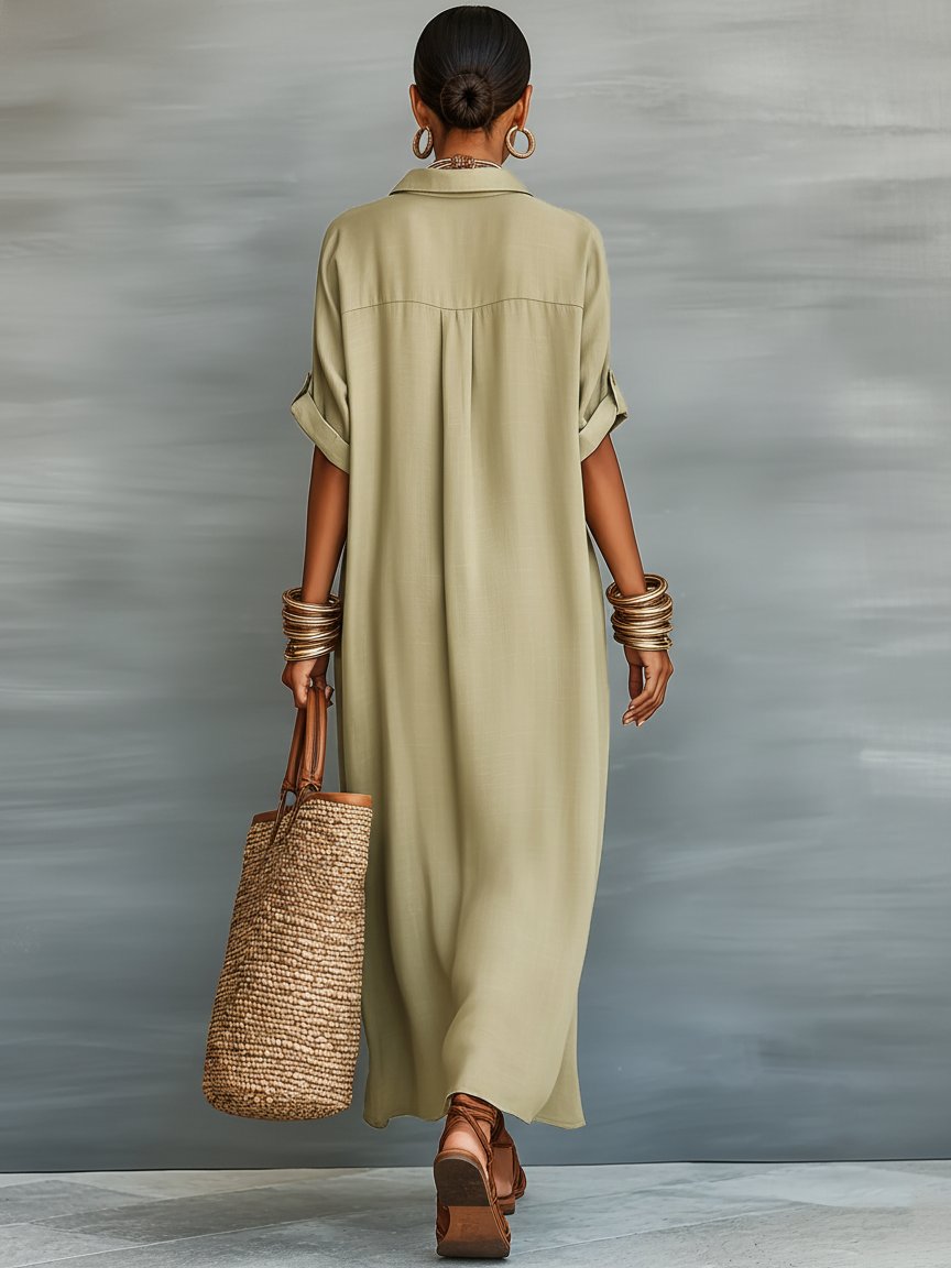 Sophie | Maxi Shirt Dress Linen Blend Short Sleeve Minimalist