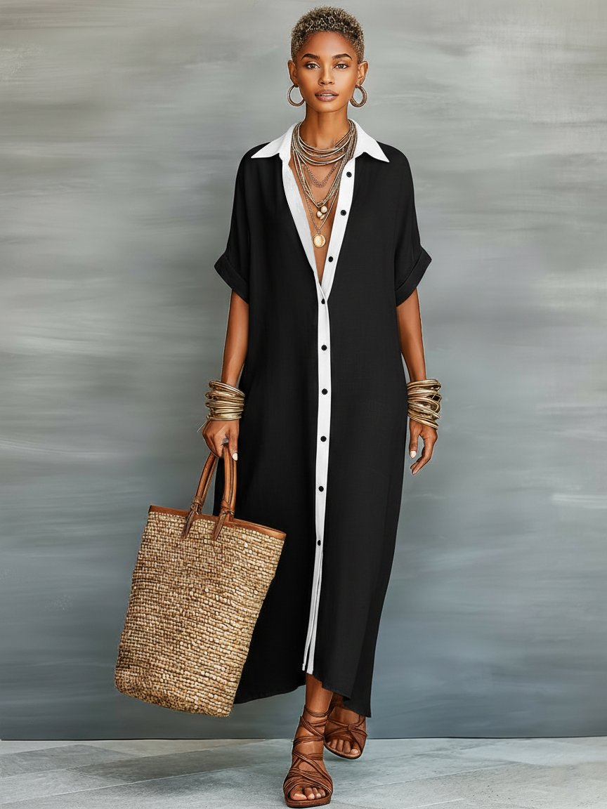 Sophie | Maxi Shirt Dress Linen Blend Short Sleeve Minimalist