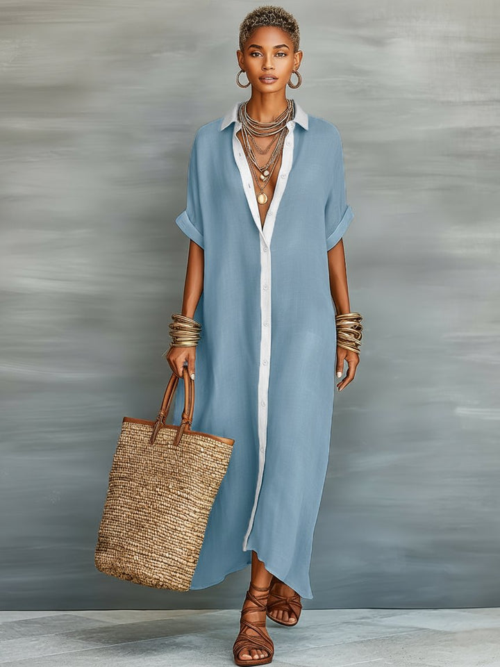Sophie | Maxi Shirt Dress Linen Blend Short Sleeve Minimalist