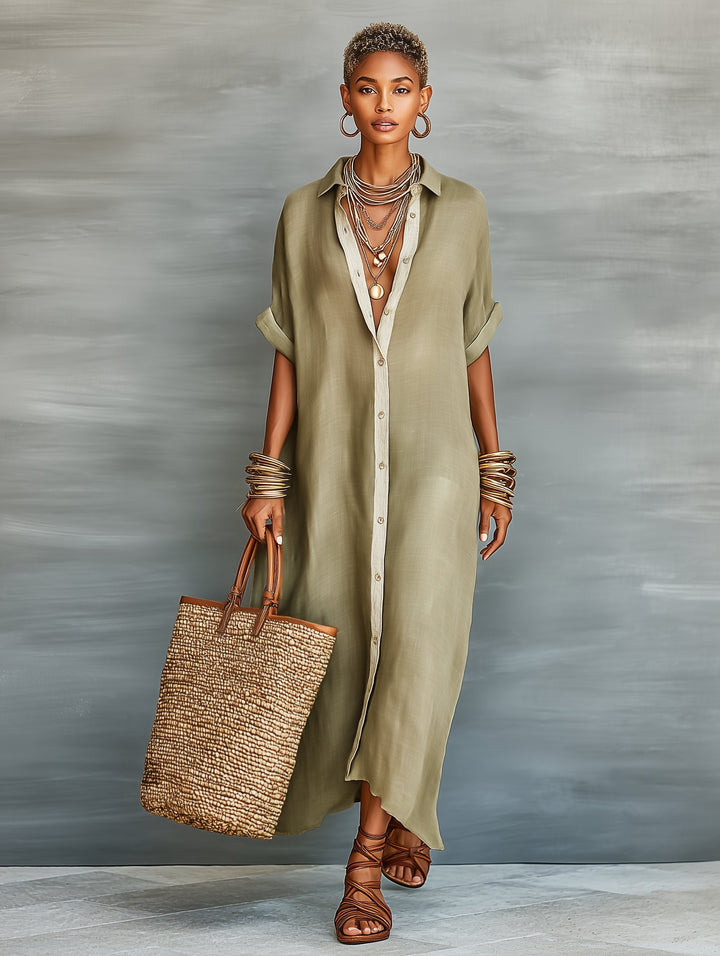 Sophie | Maxi Shirt Dress Linen Blend Short Sleeve Minimalist