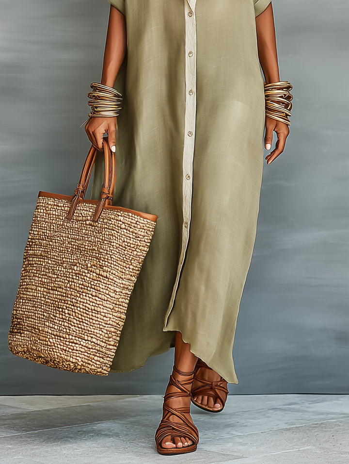 Sophie | Maxi Shirt Dress Linen Blend Short Sleeve Minimalist