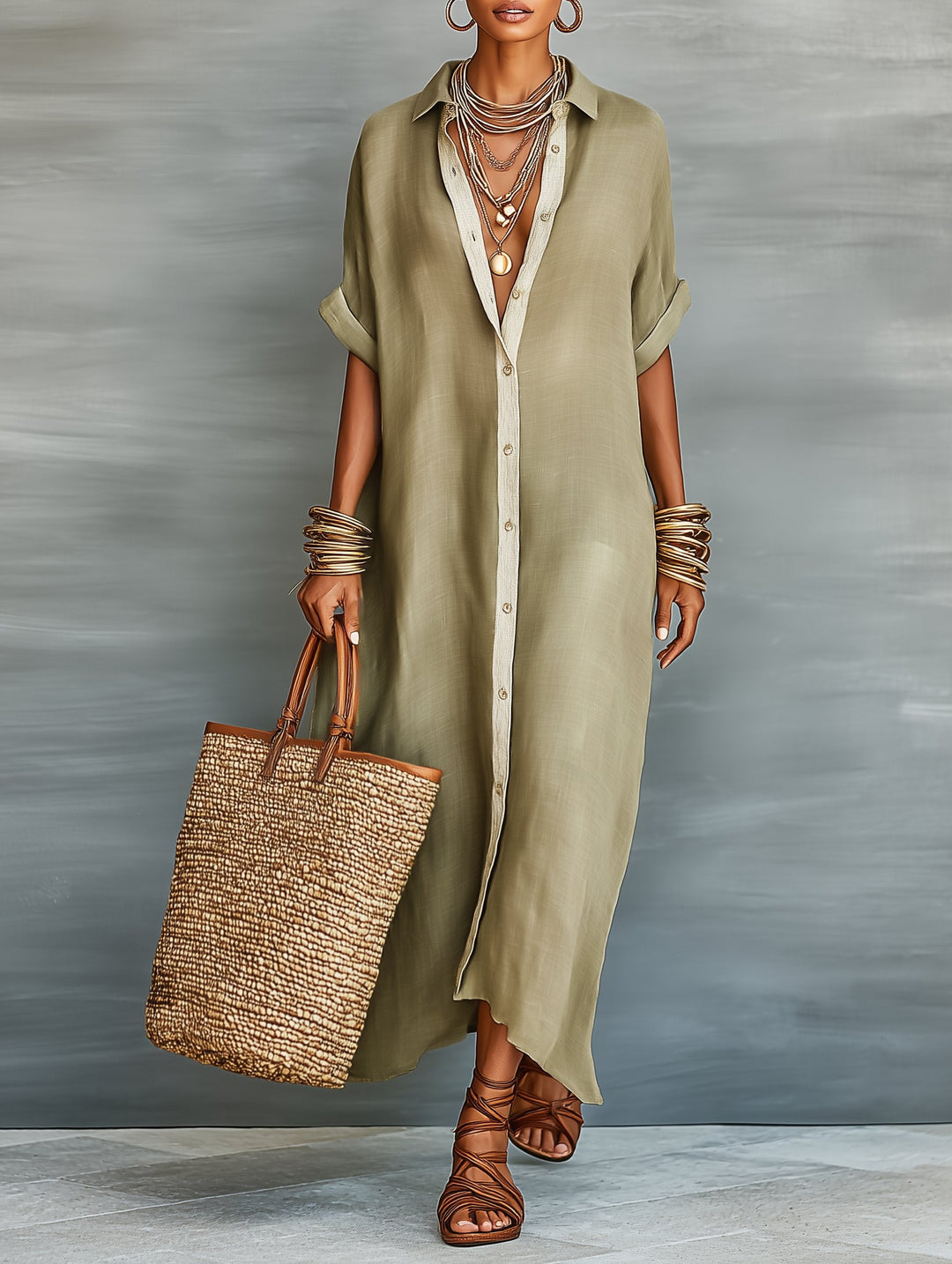 Sophie | Maxi Shirt Dress Linen Blend Short Sleeve Minimalist