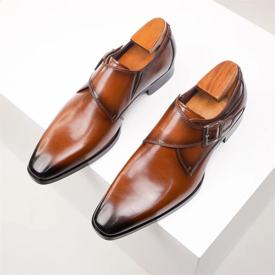 Harry | Men's Tan Leather-Look Single Monk Strap Dress Shoes