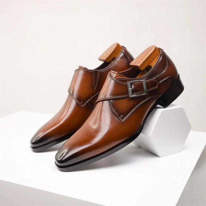 Harry | Men's Tan Leather-Look Single Monk Strap Dress Shoes