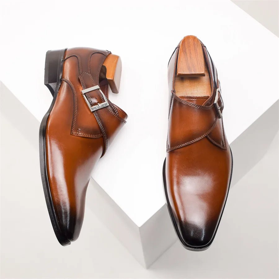 Harry | Men's Tan Leather-Look Single Monk Strap Dress Shoes