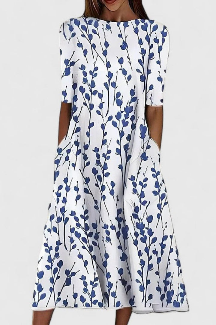 Florence | Midi Dress Cotton Round Neck Short Sleeve A-Line Pockets