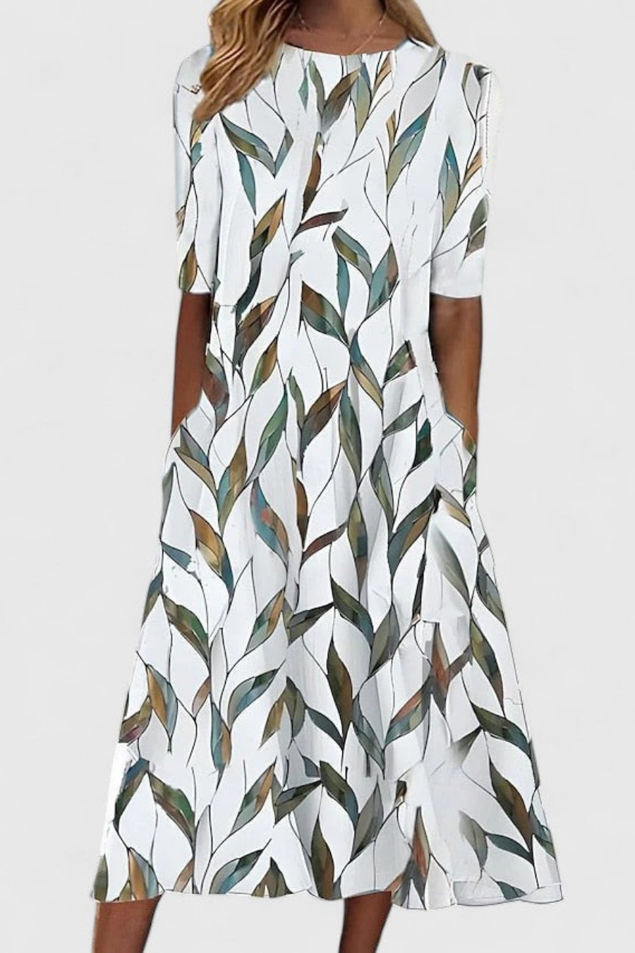 Florence | Midi Dress Cotton Round Neck Short Sleeve A-Line Pockets