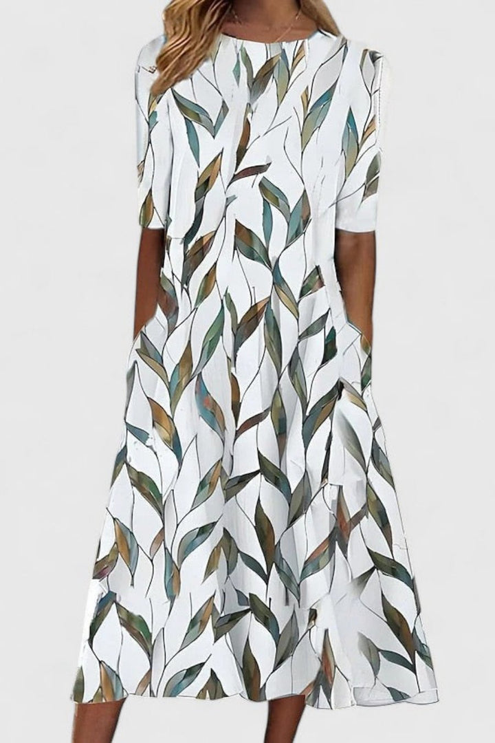 Florence | Midi Dress Cotton Round Neck Short Sleeve A-Line Pockets