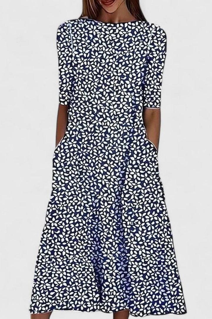 Florence | Midi Dress Cotton Round Neck Short Sleeve A-Line Pockets