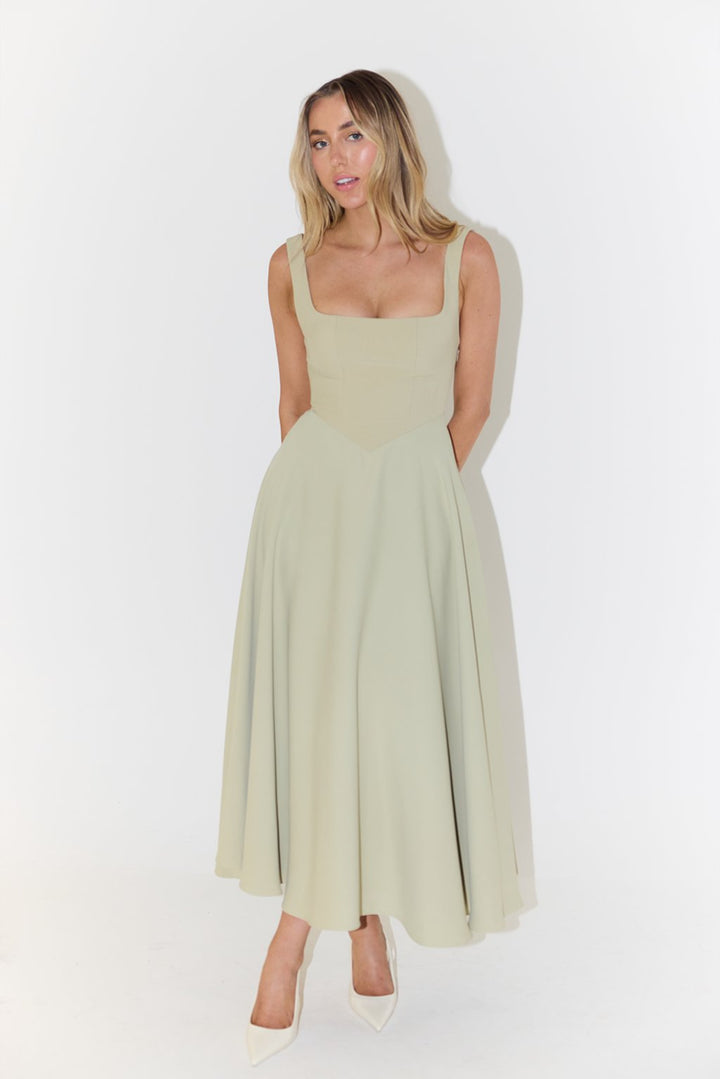Lily | Midi Dress Square Neck A-Line Pleated Sleeveless