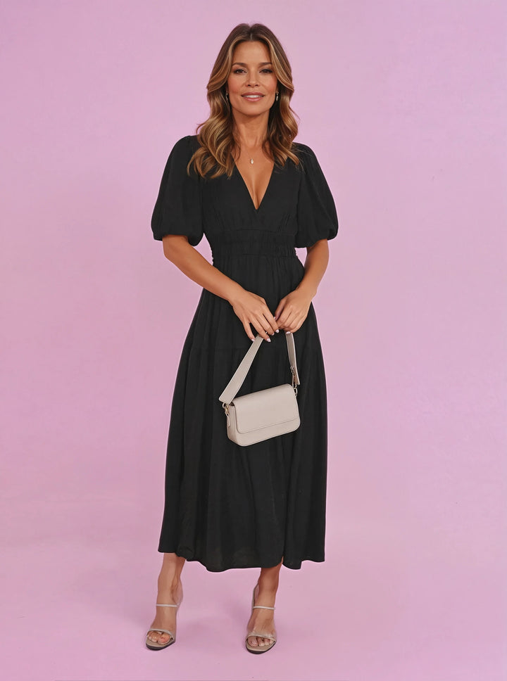 Emily | Midi Dress V-Neck Puff Sleeve Smocked Waist